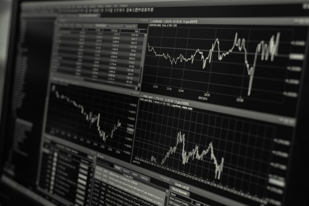 A stock market line chart, representing long-term index fund investing
