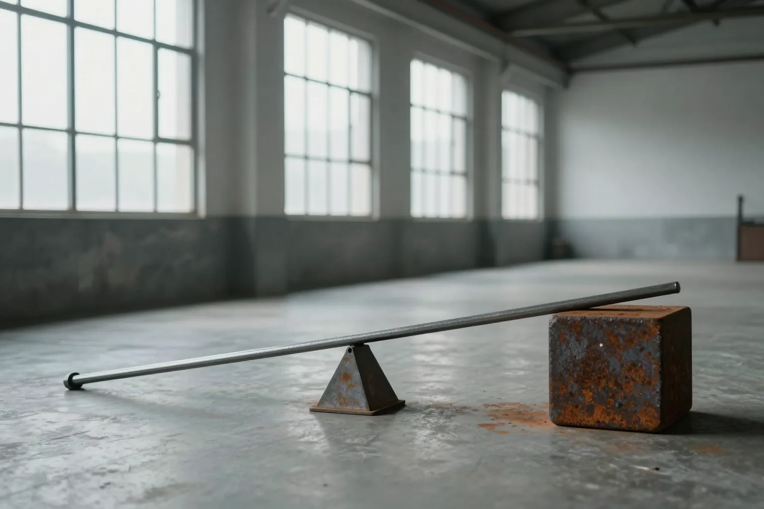 A long steel bar balanced on a small triangular fulcrum in an empty workshop, one end wedged beneath a heavy rusted iron block