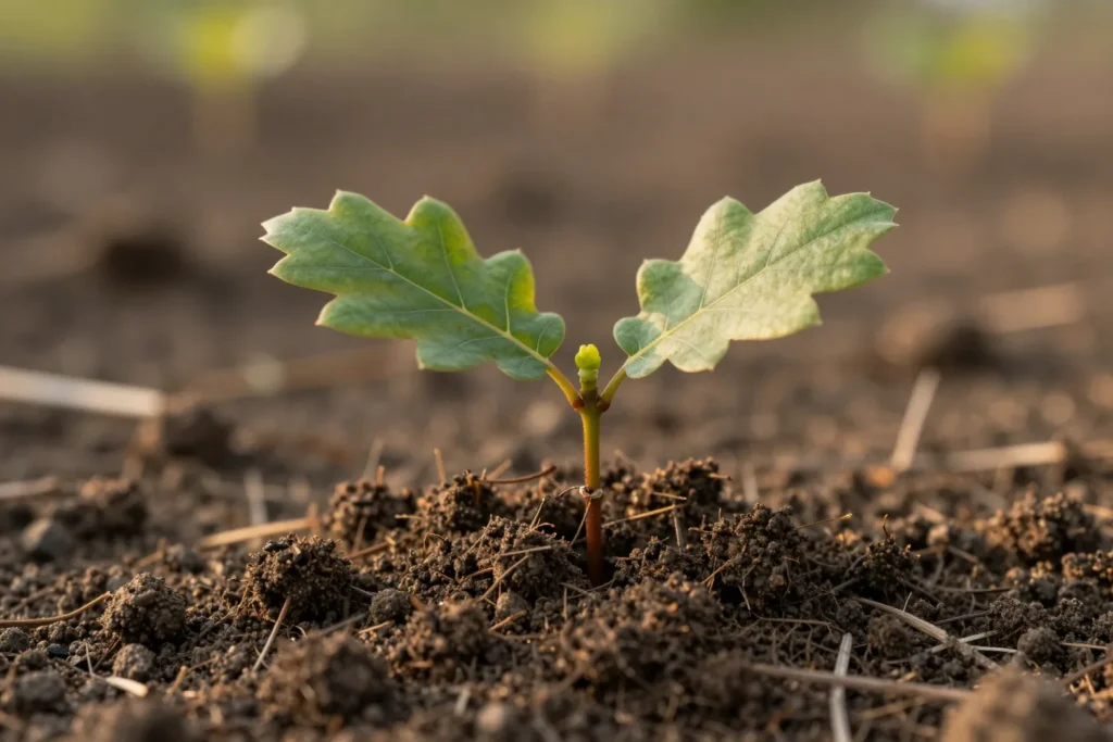 A young oak seedling with two small leaves emerging from dark soil in low afternoon sunlight