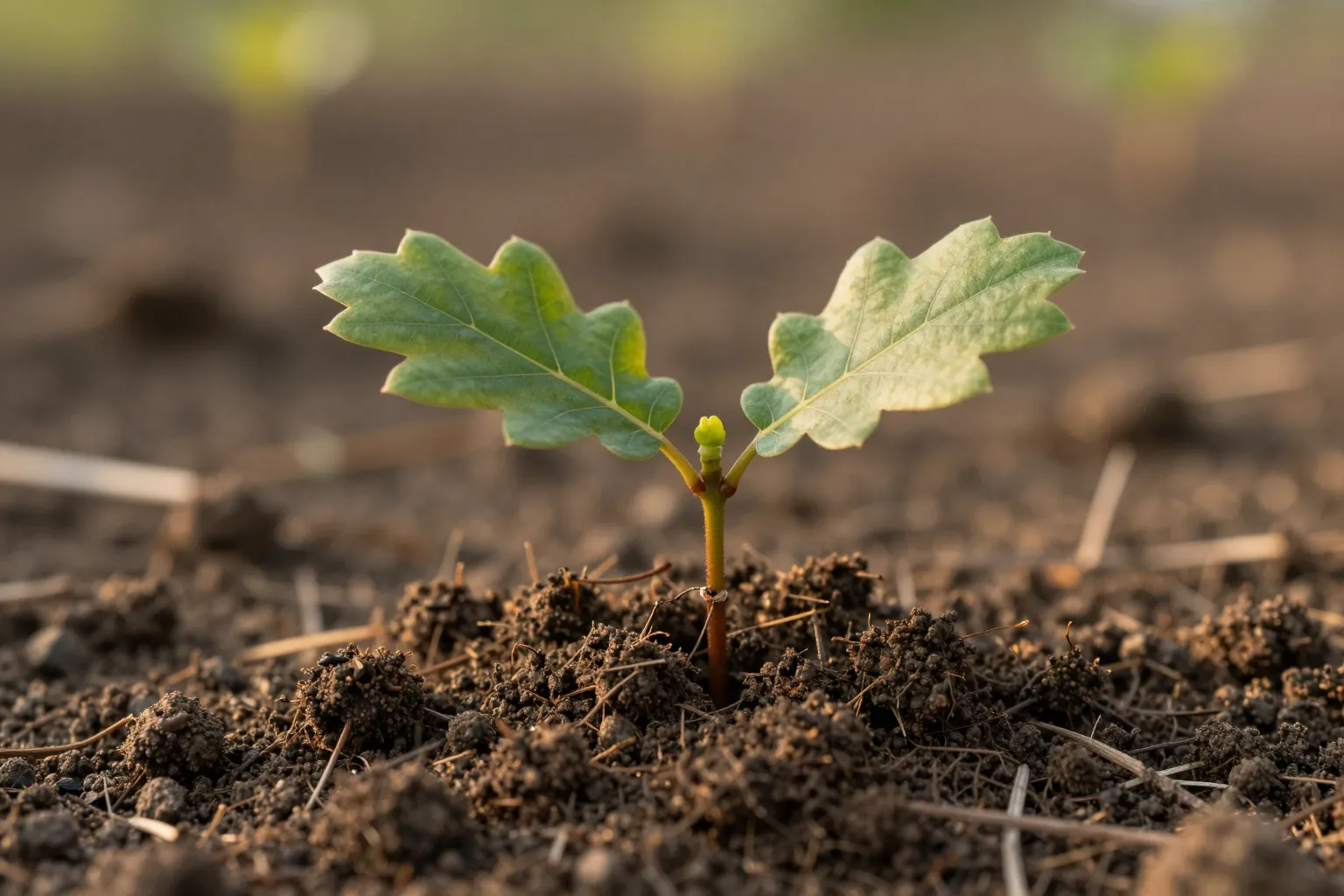 A young oak seedling with two small leaves emerging from dark soil in low afternoon sunlight