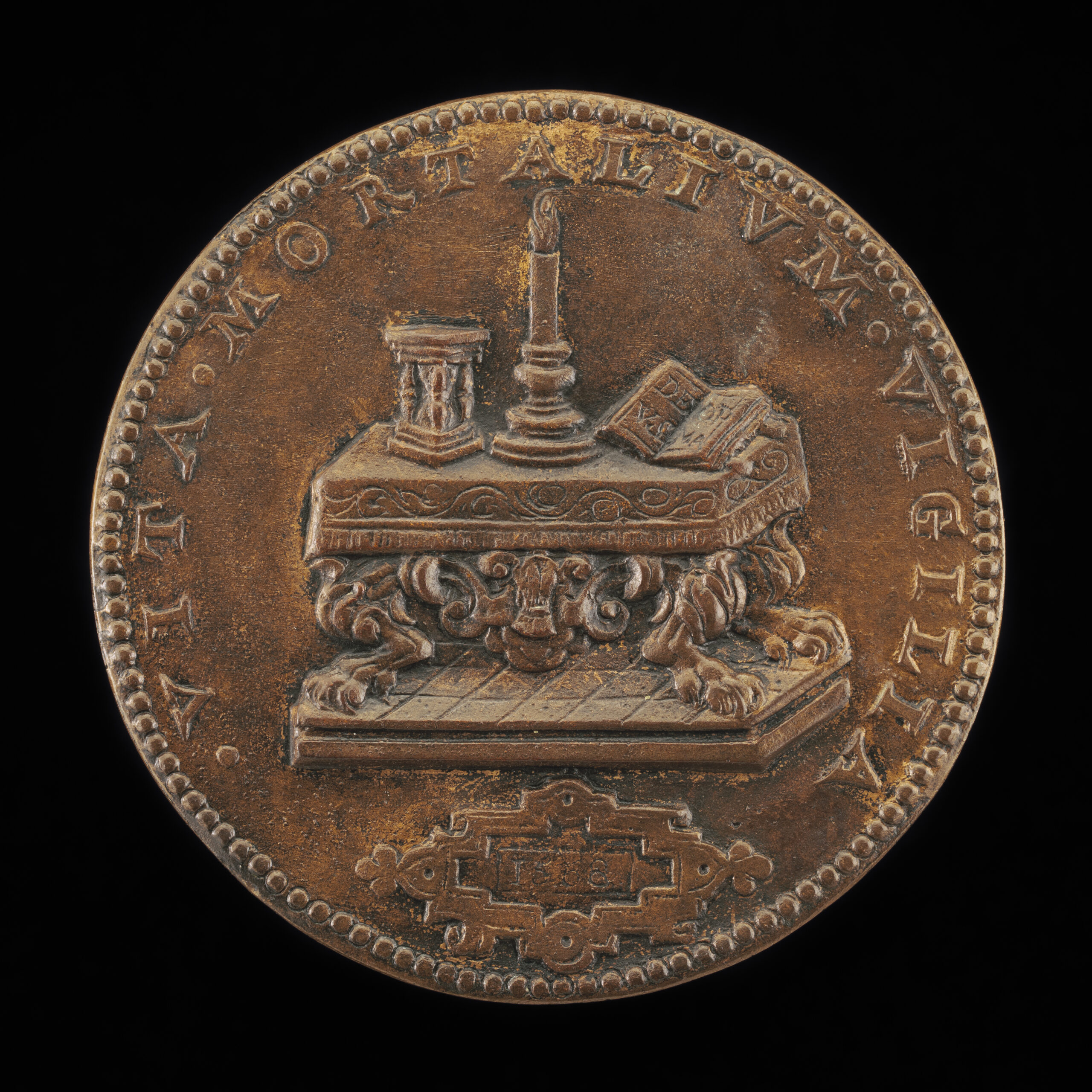 A 1568 bronze medal by Jacques Jonghelinck showing a candle, an hourglass, and a book on a table, symbolizing the passage of time