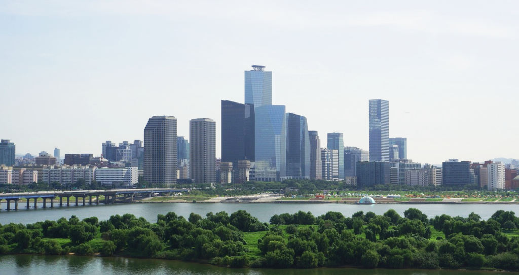 Yeouido skyline along the Han River in Seoul, home to Korea's financial district and the Korea Exchange